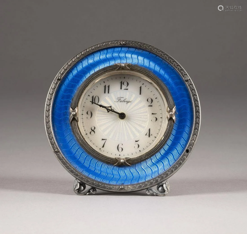 A SILVER AND GUILLOCHÃ‰ ENAMEL DESK CLOCK