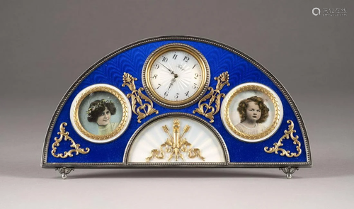 A SILVER PARCEL-GILT AND GUILLOCHÃ‰ ENAMEL TABLE CLOCK