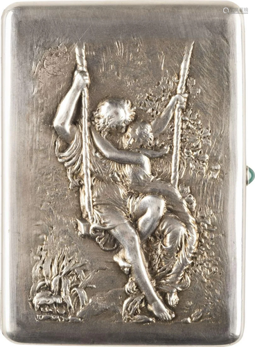 A SILVER CIGARETTE CASE WITH A COUPLE ON A SWING