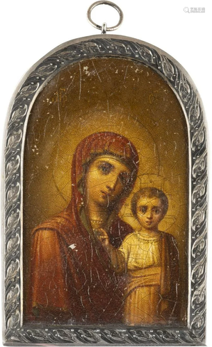 A SMALL SILVER-MOUNTED ICON SHOWING THE KAZANSKAYA