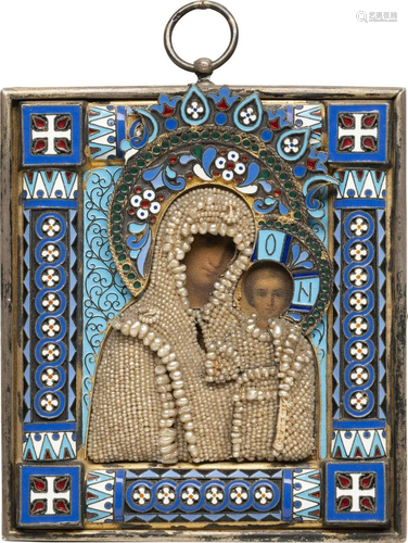 A SMALL SILVER-GILT AND CLOISONNÃ‰ ENAMEL ICON OF THE