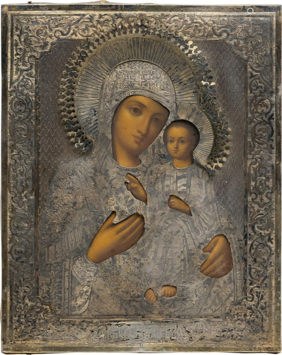 A SMALL ICON SHOWING THE IVERSKAYA MOTHER OF GOD WITH A