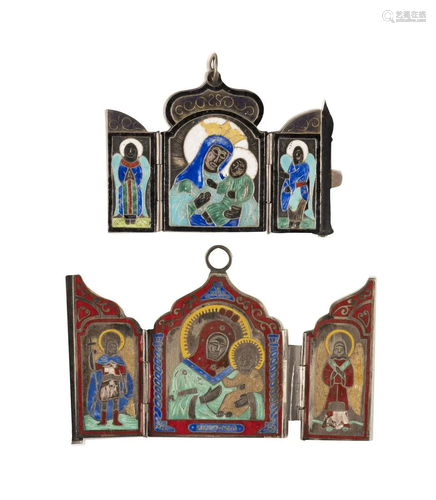 TWO SMALL SILVER AND ENAMEL TRIPTYCHS SHOWING THE