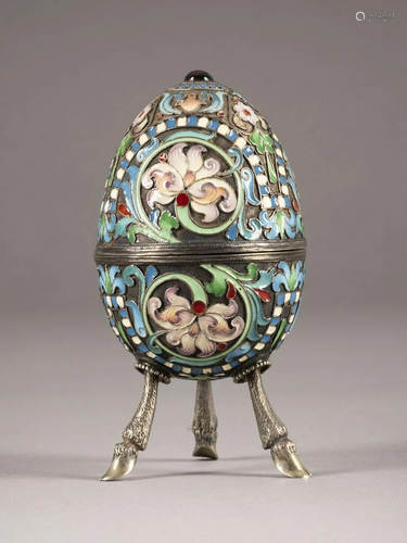 A SILVER AND CLOISONNÃ‰ ENAMEL EGG-SHAPED BOX ON STAND