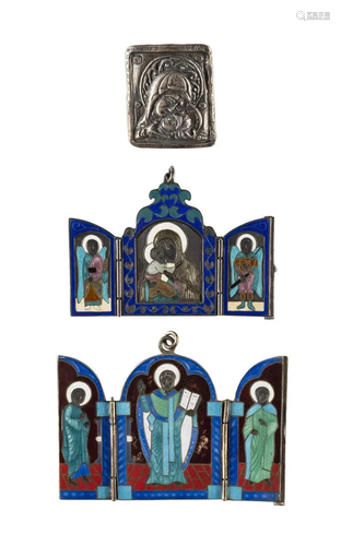 TWO SMALL SILVER AND ENAMEL TRIPTYCHS AND A SILVER