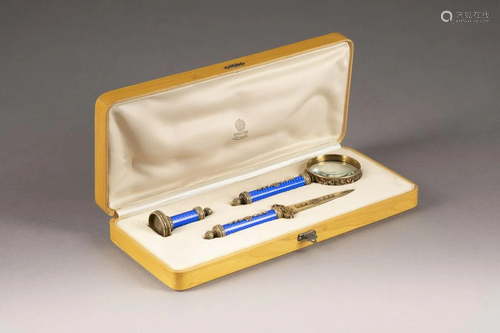 A FABERGE-STYLE SILVER AND ENAMEL DESK SET WITHIN