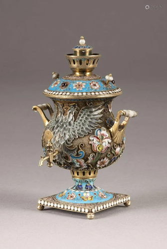 A MINIATURE SILVER-GILT AND CLOISONNÃ‰ ENAMEL SAMOVAR