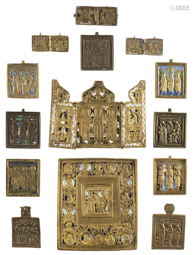 THREE DIPTYCHS, A TRIPTYCH AND TEN BRASS ICONS SHOWING