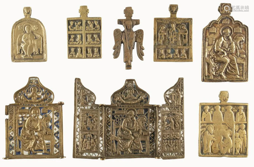 A TRIPTYCH AND SEVEN BRASS ICONS SHOWING THE IMAG…