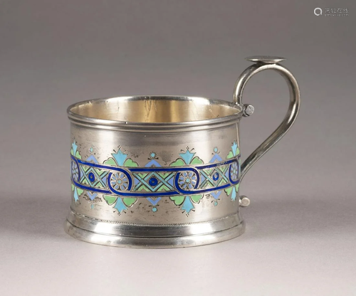 A SILVER AND CHAMPLEVÃ‰ ENAMEL TEAGLASS HOLDER