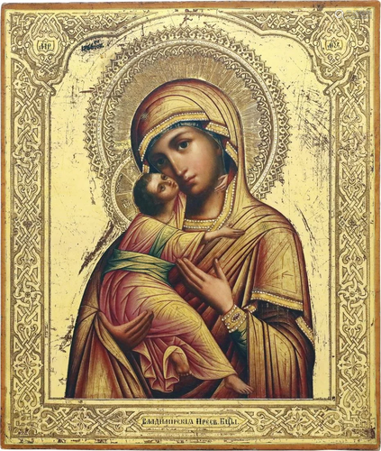 A DATED ICON SHOWING THE VLADIMIRSKAYA MOTHER OF GOD