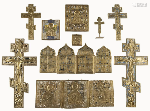 FIVE CRUCIFIXES, TRIPTYCH, QUADRIPTYCH AND THREE BRASS