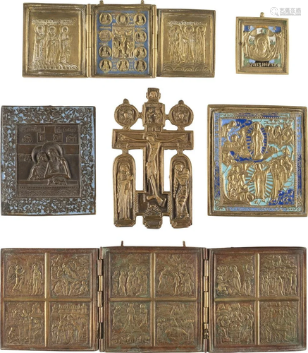 TWO TRIPTYCHS, A CRUCIFIX AND THREE BRASS ICONS SHOWING