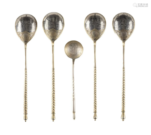 FOUR SILVER-GILT AND NIELLO SPOONS WITH ARCHITECTURAL