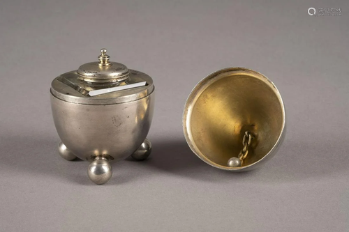 AN EGG-SHAPED INKWELL AND TABLE BELL