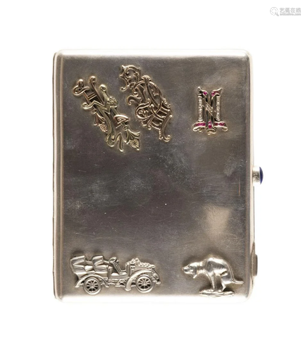 A SILVER CIGARETTE CASE WITH CAR, DOG AND MONOGRAMS