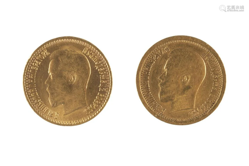 TWO 7.5 ROUBLES GOLD COINS