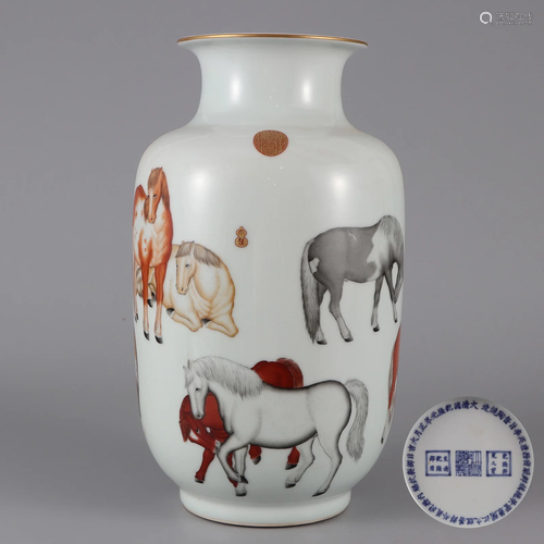 A Famille Rose Eight Horses Lantern Vase Qing Dynasty