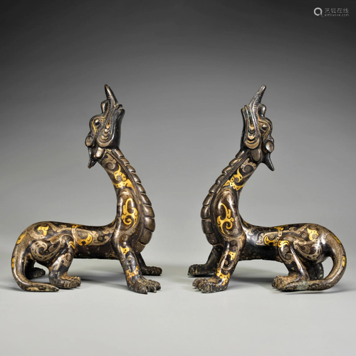 Pair Silver Inlaid Gold Decorated Bronze Beasts Han