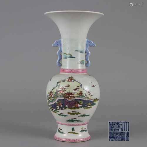 A Famille Rose Landscape Yenyen Vase Qing Dynasty