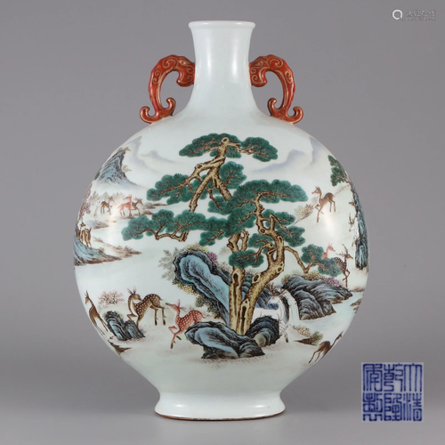 A Famille Rose Deers Moon Flask Qing Dynasty