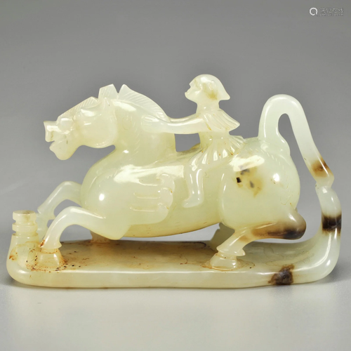 A Carved White Jade Figure on Horse Decoration Qing