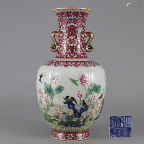 A Famille Rose Floral and Bird Vase Qing Dynasty