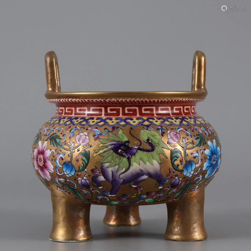 A Famille Rose and Gilt Tripod Censer Qing Dynasty