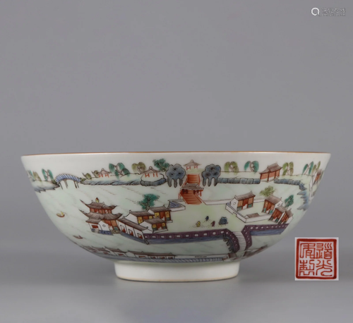 A Famille Rose Figures among Landscape Bowl Qing