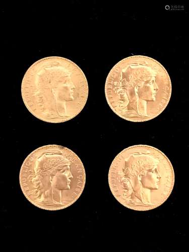 4 pièces de 20 francs or au coq 900°/00 (1906, 1912, 1913 et...