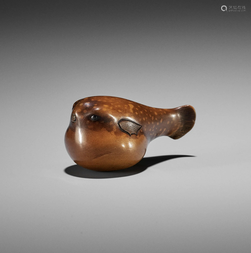 A RARE WOOD NETSUKE OF A FUGU