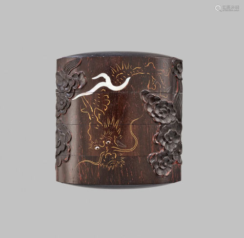 AN UNUSUAL LACQUER THREE-CASE INRO WITH DRAGON