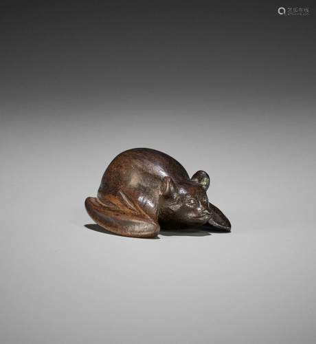 A RARE DARK WOOD NETSUKE OF A BAT