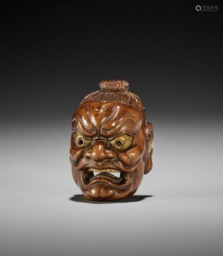 A FINE LACQUERED WOOD MASK NETSUKE OF A NIO