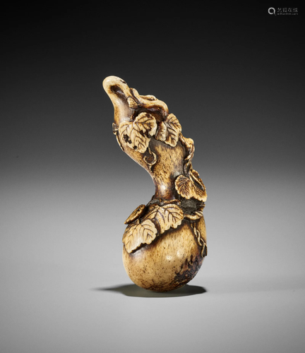 A KOKUSAI STYLE STAG ANTLER NETSUKE OF A GOURD