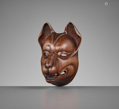 A SUPERB AND LARGE WOOD MASK NETSUKE OF A KITSUNE