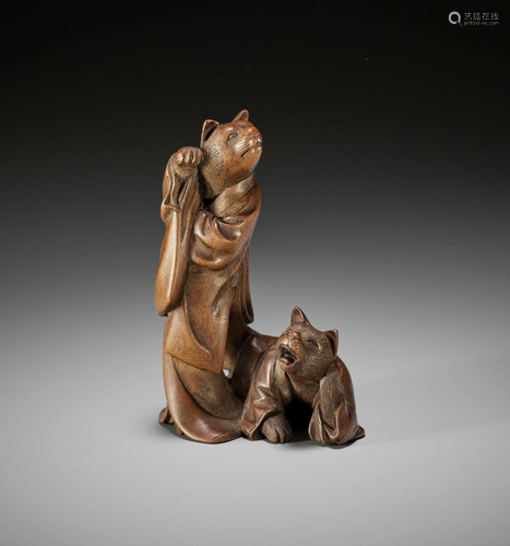 A WOOD NETSUKE-OKIMONO OF A CAT GEISHA AND CLIENT