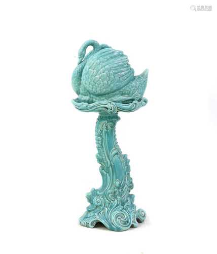 A blue majolica jardiniere on pedestal,