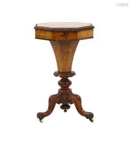 A Victorian burr walnut trumpet sewing table,