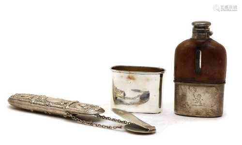 A Victorian leather and silver mounted hip flask,