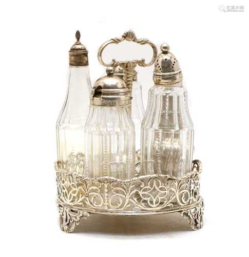 A George III and later silver cruet set,