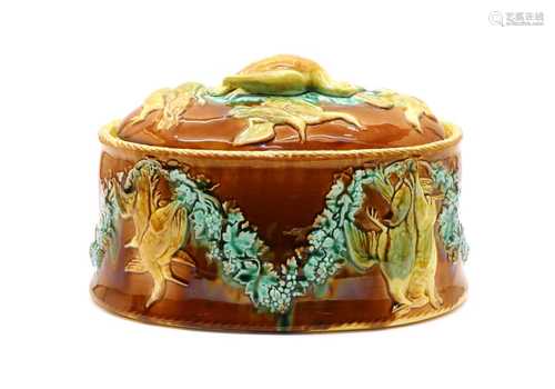 A Victorian majolica game pie dish in the manner of Wedgwood...