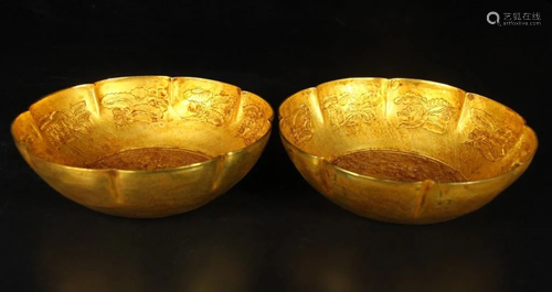 Two Chinese Engraved Gilt Metal Bowls