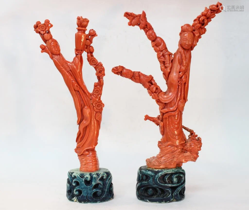 Pair of Chinese Coral Figurals