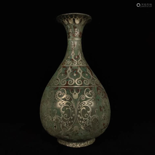 Chinese Bronze Yuhu Vase,Silver Inlaid