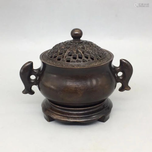 Chinese Bronze Censer w Fish Handle