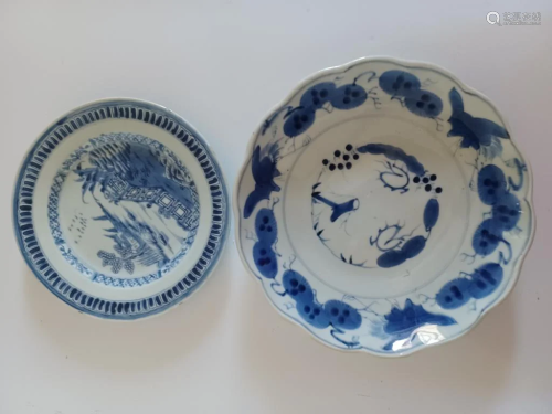 18th C Chinese antique two white and blue plates