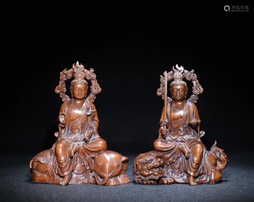 Two Chines Huangyang Wood Carved Guanyin