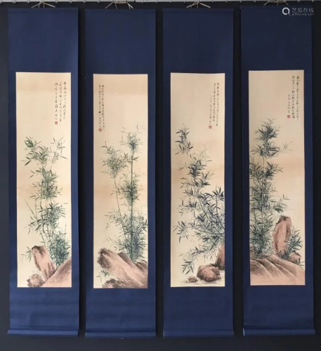 Four Chinese Ink Color Scroll Set