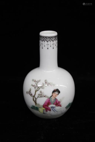 Chinese Famille Rose Porcelain Vase w Calligraphy